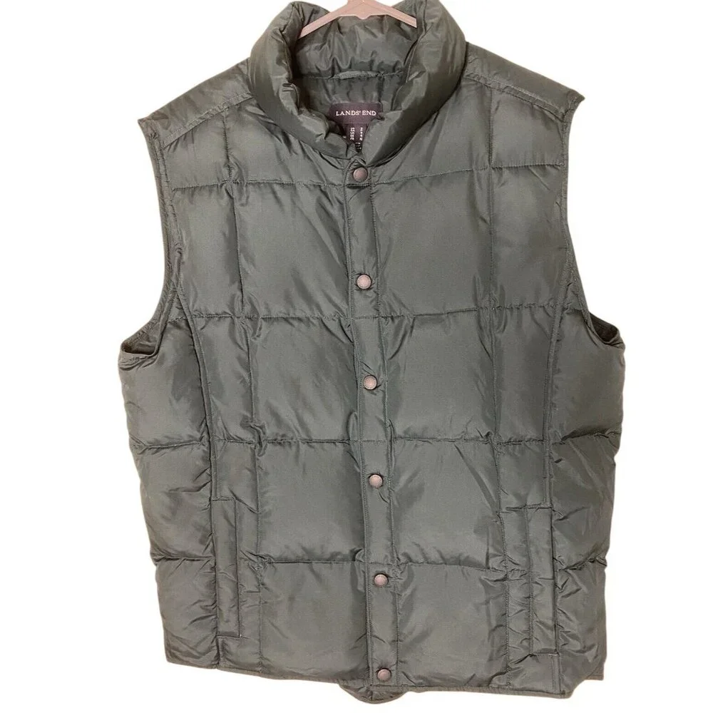 Lands’ End Down Puffer Vest Men’s S Olive Green Snap Front Quilted
